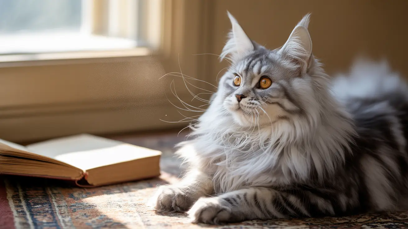 Fluffy silver and white Maine Coon cat sitting near an open book by a window