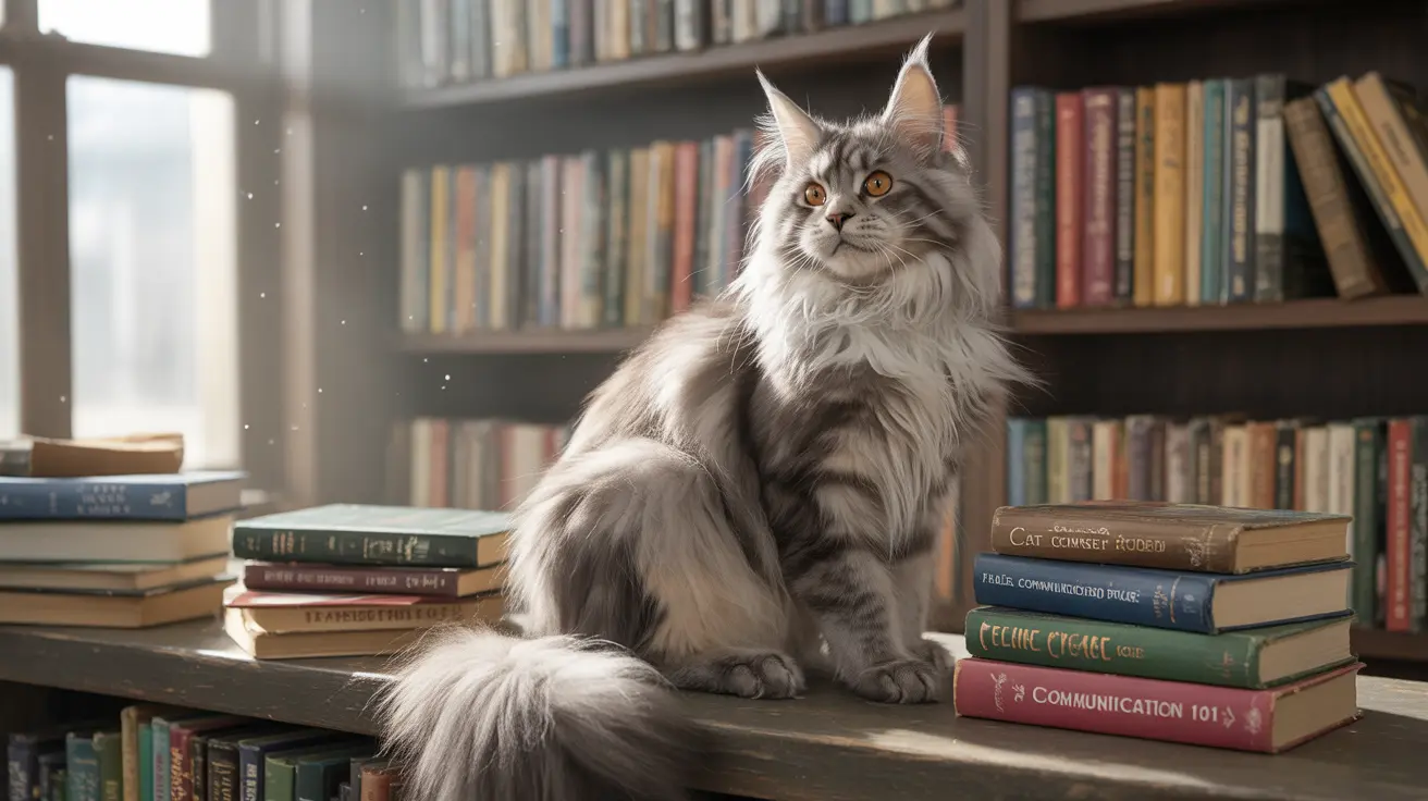 A majestic Maine Coon cat sitting elegantly on a bookshelf among stacks of books