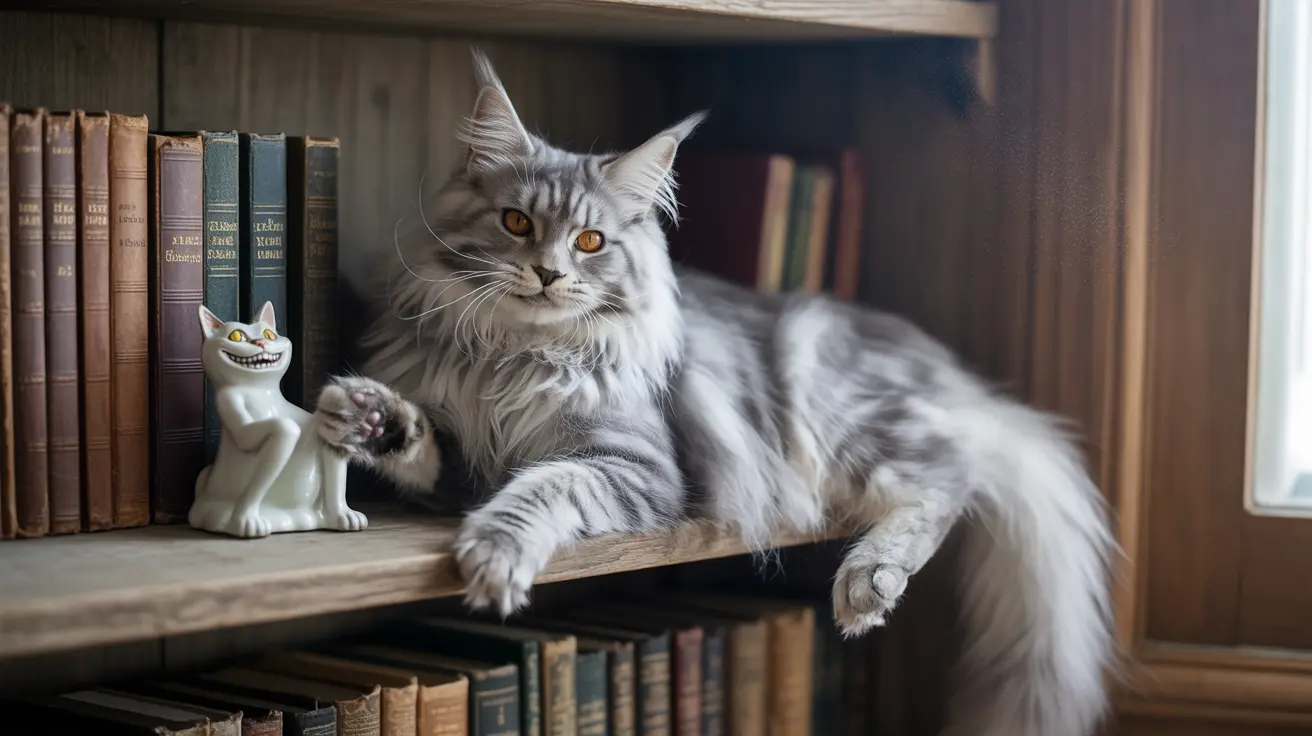Majestic silver and white Maine Coon cat lounging on a wooden bookshelf beside vintage books and a small ceramic cat figurine