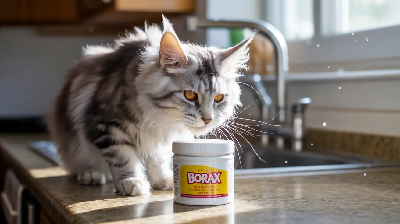 A fluffy white and gray Maine Coon cat sitting next to a Borax container on a kitchen countertop
