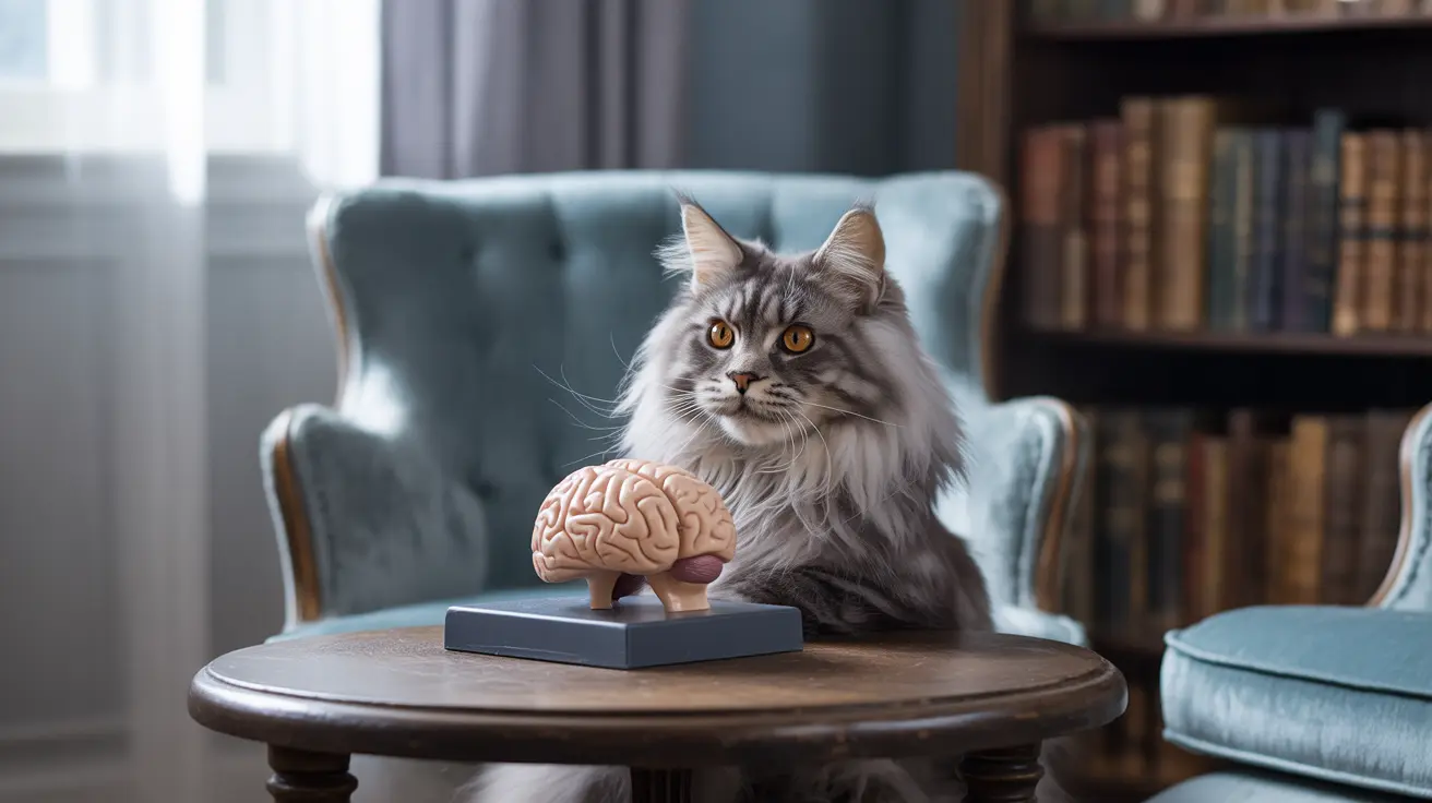 Un gato Maine Coon esponjoso sentado al lado de un modelo de cerebro en una mesa de madera redonda
