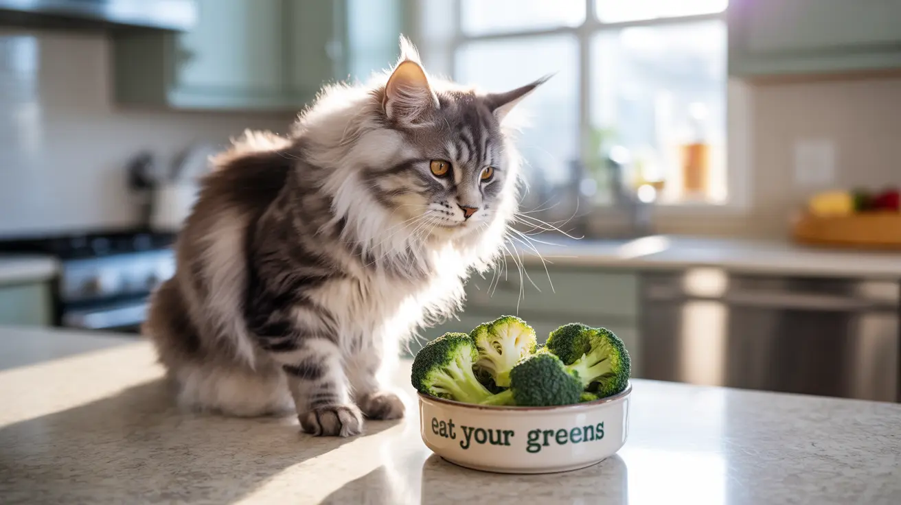 A fluffy Maine Coon cat sitting near a bowl of broccoli with a humorous 'eat your greens' message
