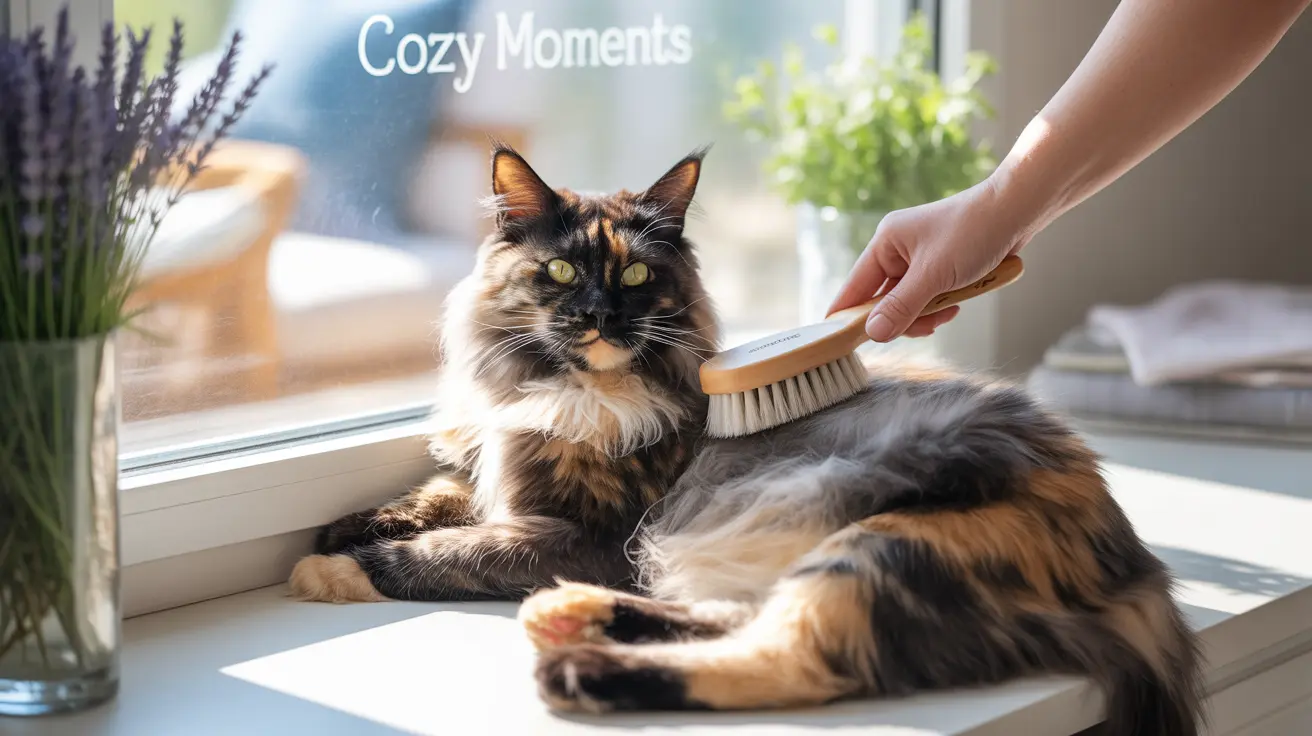 A fluffy Maine Coon cat being gently brushed by a hand near a sunny window