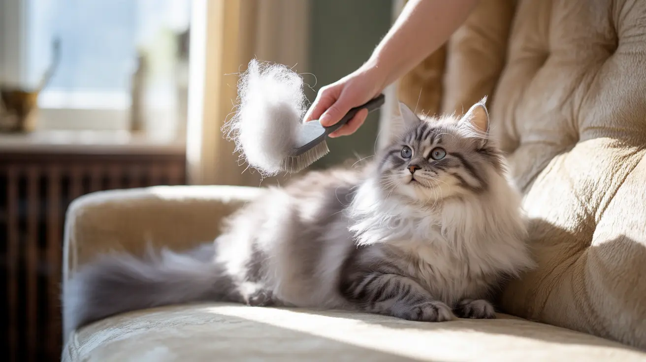 Fluffy Maine Coon cat being brushed by owner on beige couch in bright living room