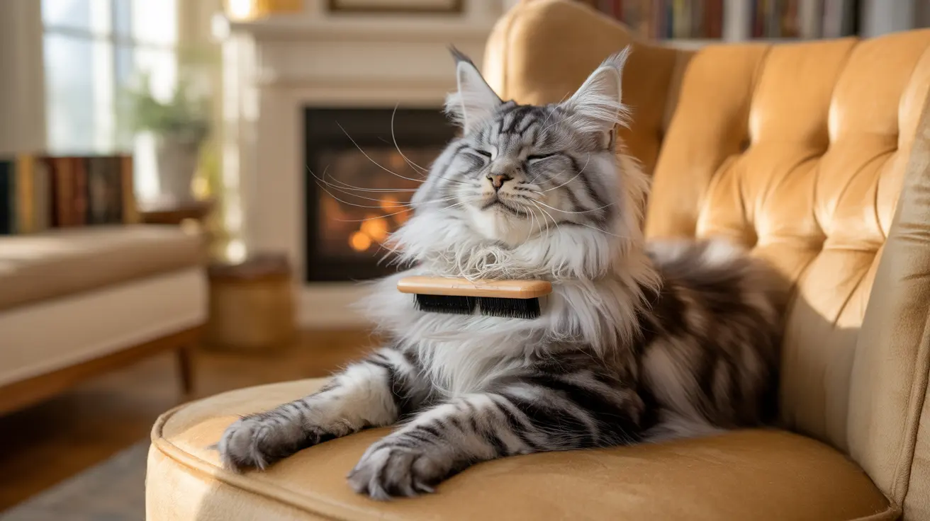 Fluffy Maine Coon cat being brushed comfortably on a yellow armchair near a warm fireplace