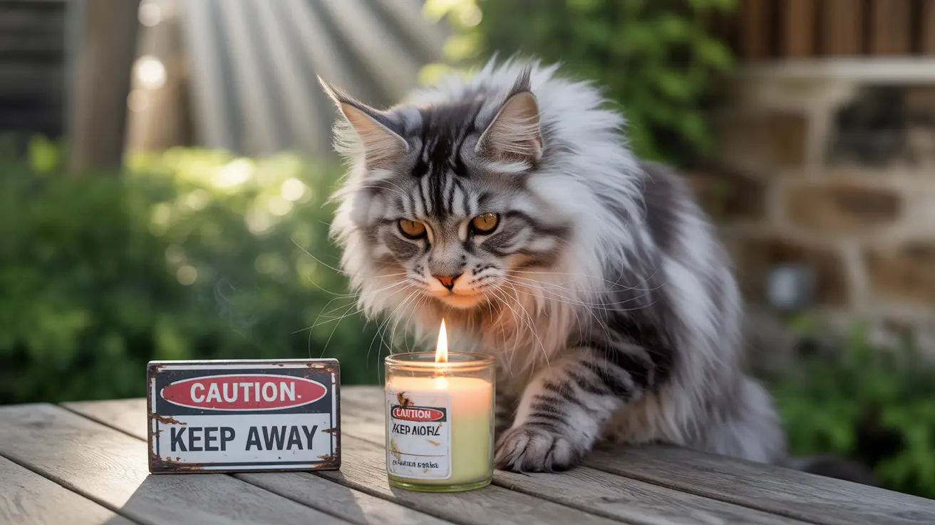 A fluffy Maine Coon cat sitting near a lit candle with a caution sign