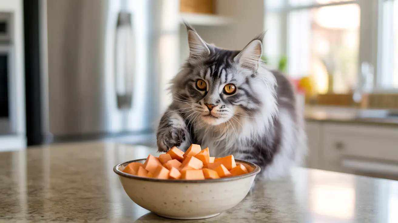 A fluffy Maine Coon cat sitting next to a bowl of cubed cantaloupe in a bright kitchen