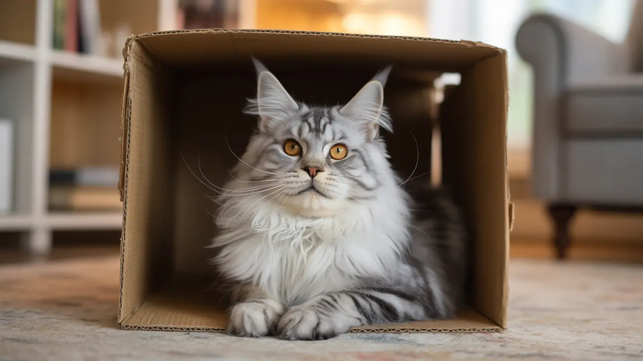 Maine Coon cat sitting comfortably inside a cardboard box looking at the camera
