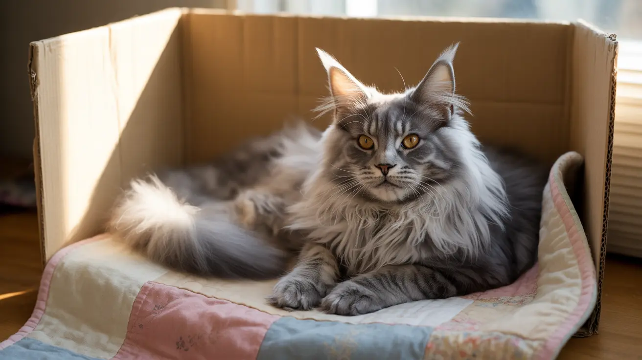 Fluffy Maine Coon cat with ear tufts resting inside a cardboard box with colorful blanket