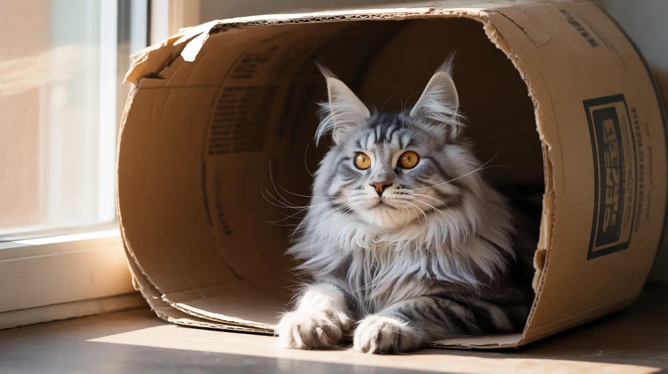 Maine Coon cat with amber eyes sitting inside a cardboard box near a sunny window