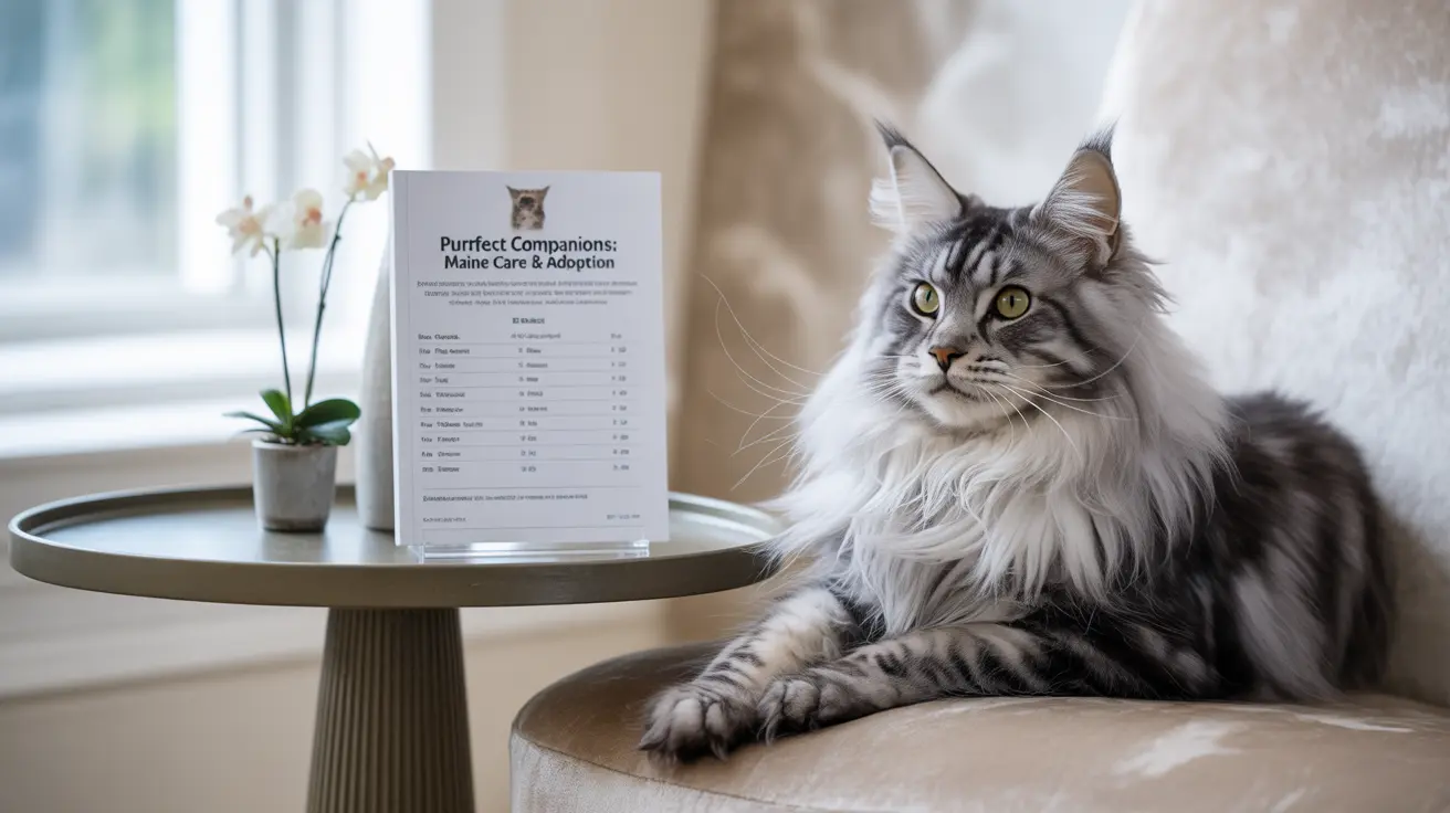 A majestic Maine Coon cat sitting next to an informational sign about Maine cat care and adoption