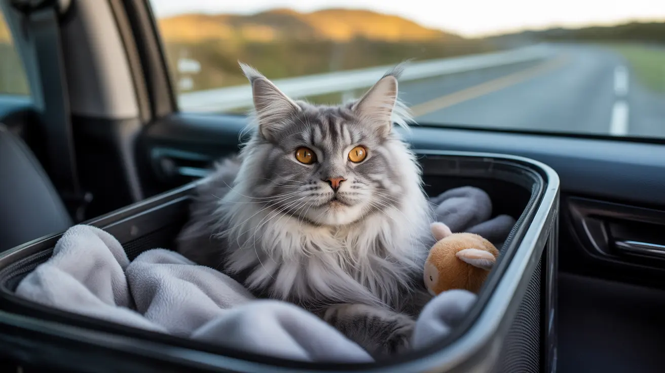 Fluffy Maine Coon cat sitting comfortably in a car carrier with blanket and toy during travel