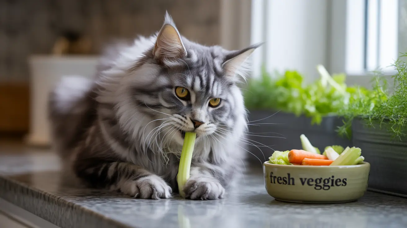 A fluffy Maine Coon cat playfully chewing on a piece of celery near a bowl of fresh vegetables.