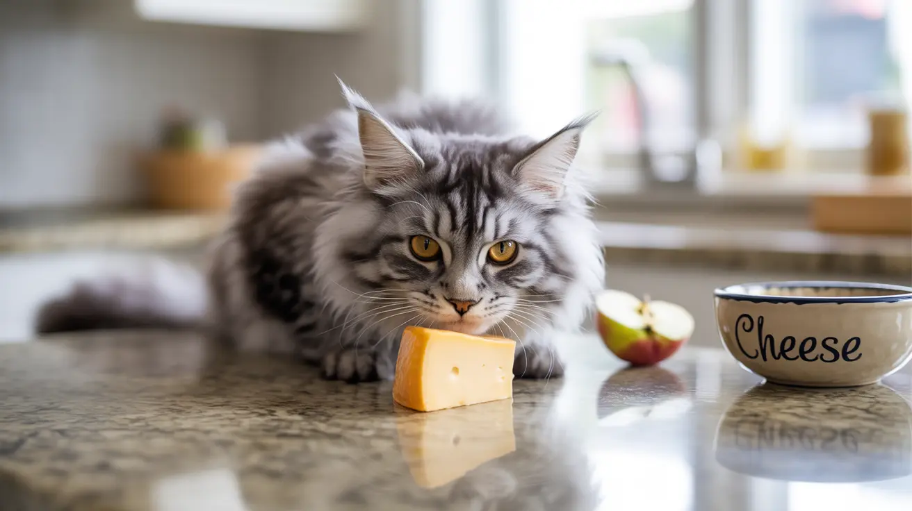 キッチンのカウンターでチーズのかたまりをじっと見つめるふわふわの灰色と白のメインクーンの猫