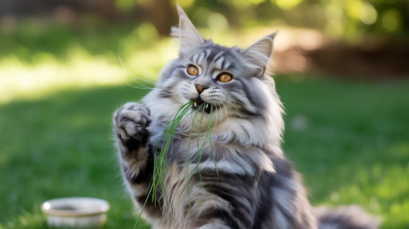 Un chat Maine Coon duveteux argenté et blanc qui mâche joueusement des brins d'herbe à l'extérieur