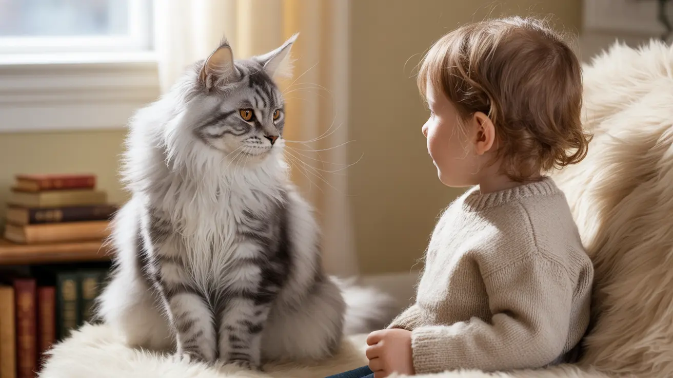 Fluffy Maine Coon cat sitting facing young child on cozy fur blanket in warm living room