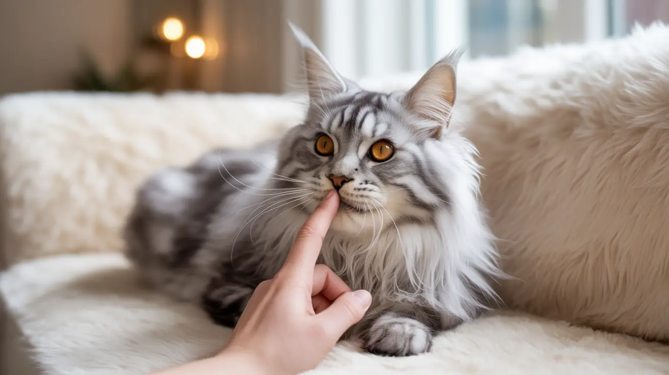 A silver and white Maine Coon cat being gently touched on the chin by a human finger