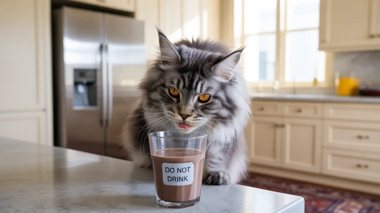 A fluffy Maine Coon cat curiously eyeing a glass of chocolate milk labeled 'DO NOT DRINK'