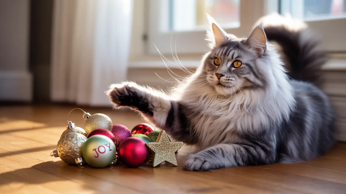 A fluffy Maine Coon cat playfully reaching towards Christmas ornaments on a wooden floor with sunlight streaming in