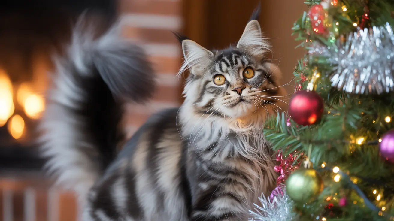 Maine Coon cat with amber eyes sitting beside a decorated Christmas tree indoors