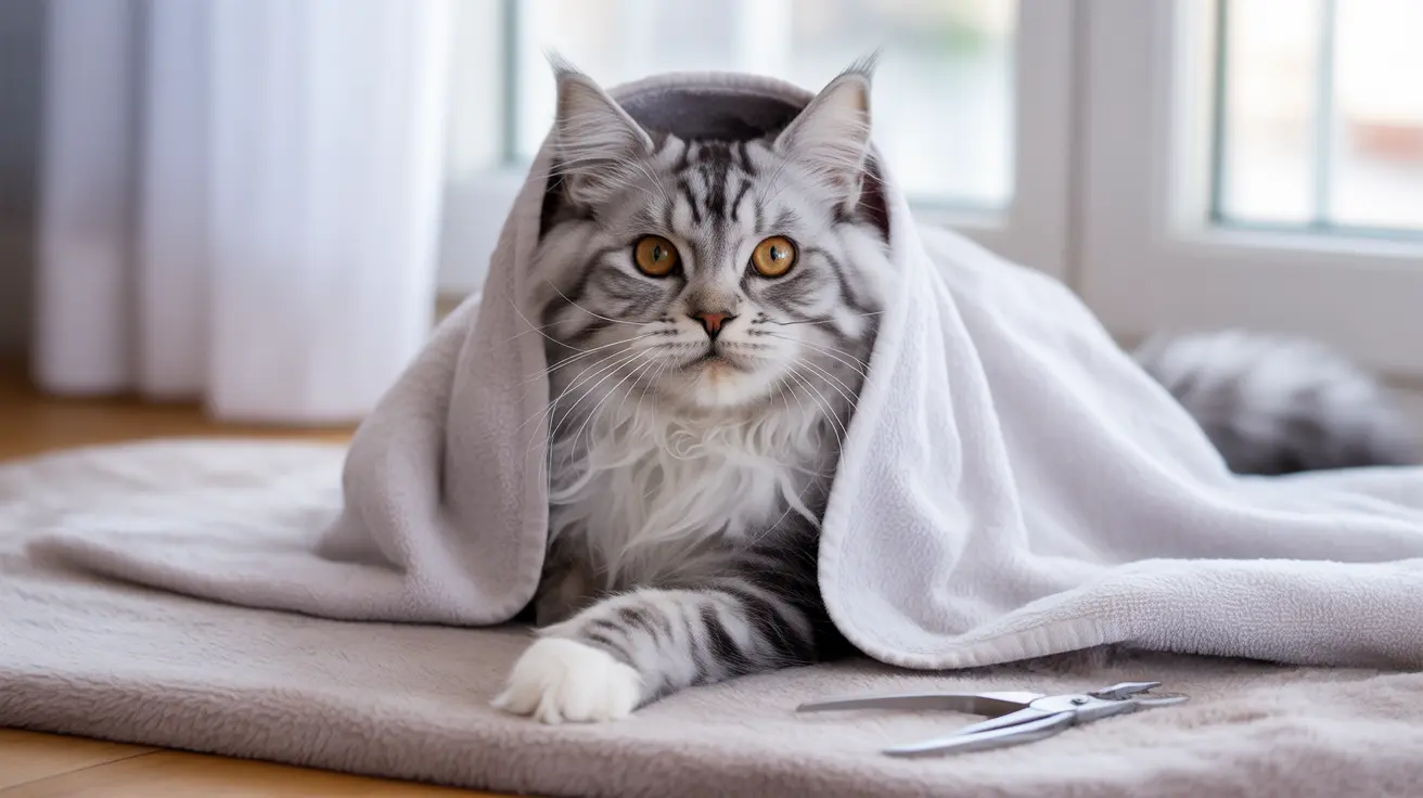 A fluffy silver tabby Maine Coon cat wrapped in a soft gray blanket, sitting near a window.