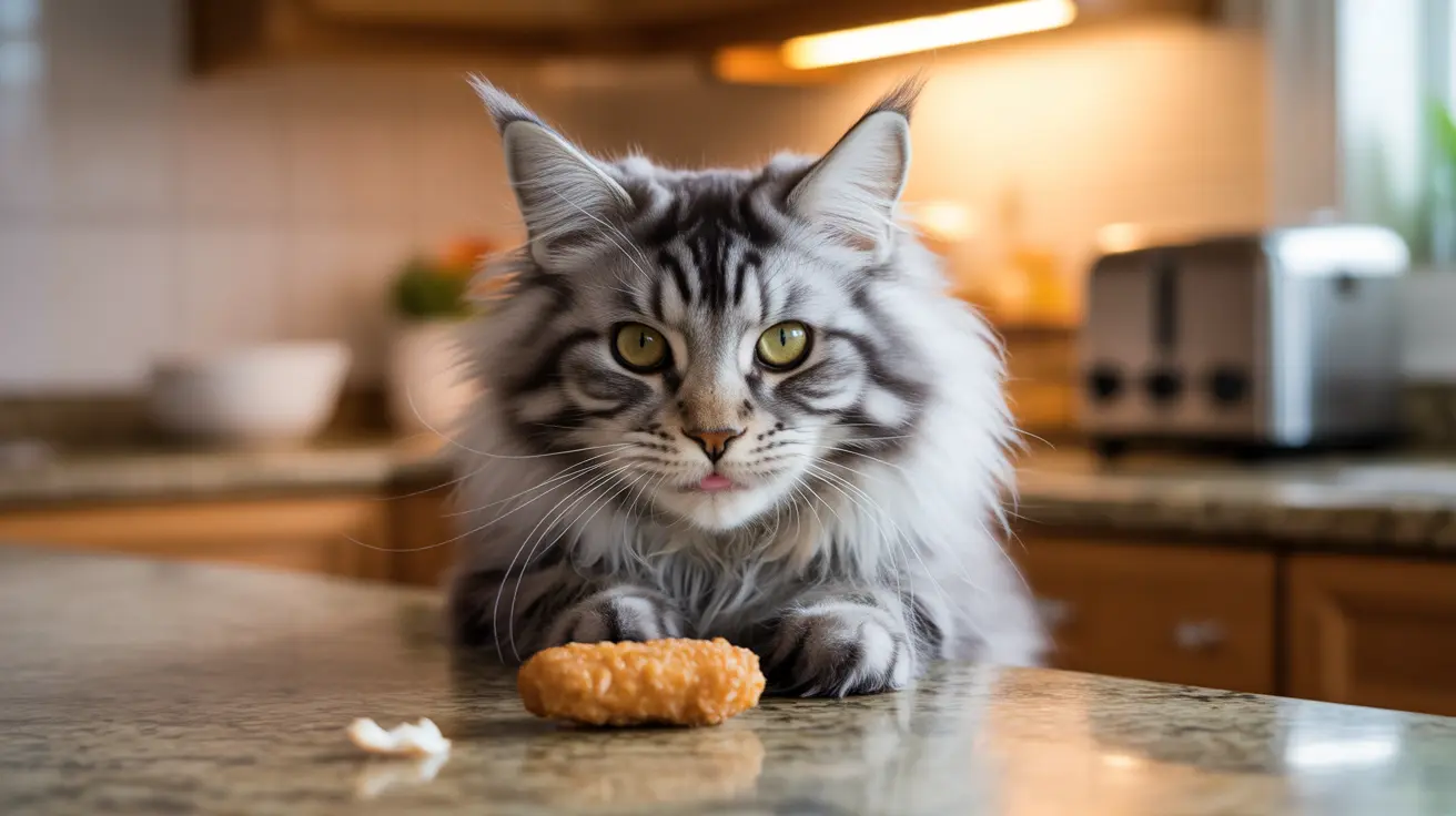 A fluffy Maine Coon cat sitting on a kitchen countertop with a golden-brown cookie in front of it.