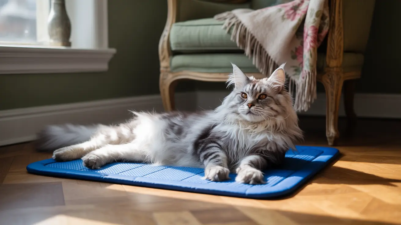 A fluffy white and gray Maine Coon cat lounging on a blue cooling mat near a green chair