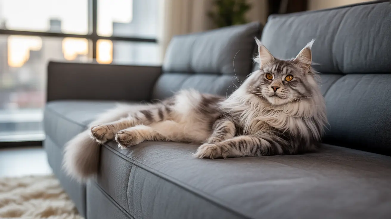 Un majestueux chat Maine Coon se prélassant gracieusement sur un canapé gris près d'une fenêtre