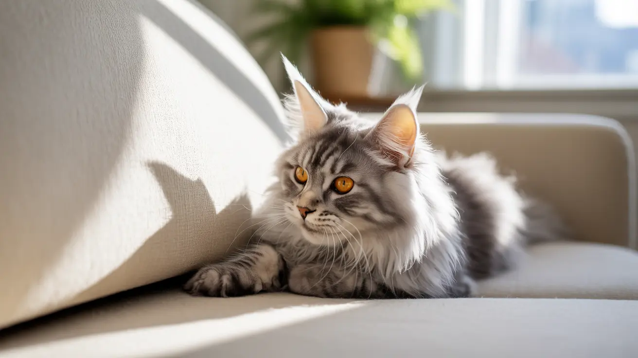 Majestic Maine Coon cat lounging gracefully on a light-colored couch near a sunlit window