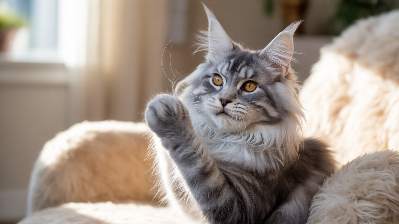Maine Coon cat with ear tufts and amber eyes sitting on a cozy blanket under warm indoor lighting