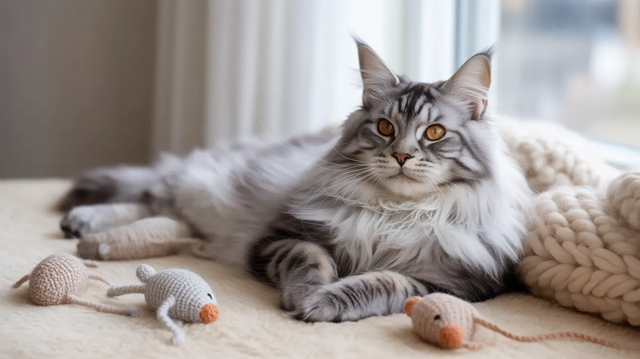 A fluffy gray and white Maine Coon cat lounging near crocheted mouse toys