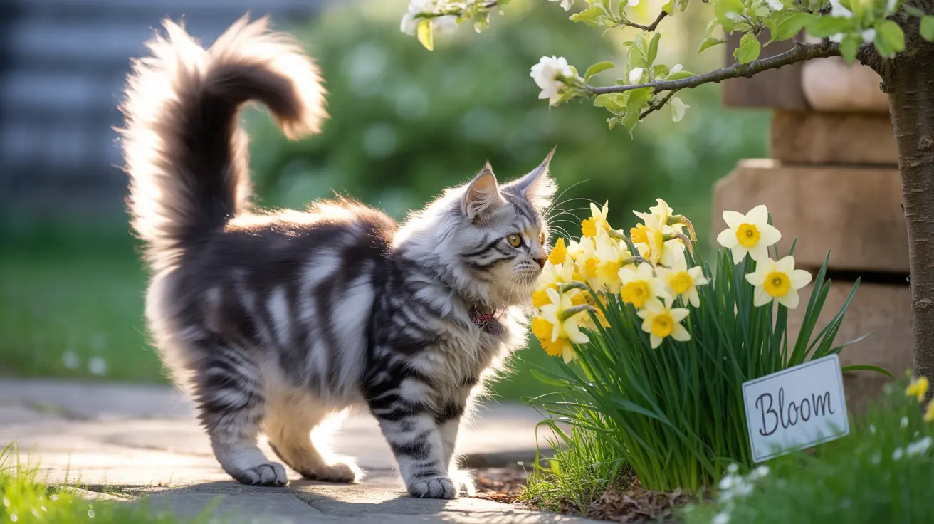 A fluffy silver and white Maine Coon cat standing near yellow daffodils in a sunny garden
