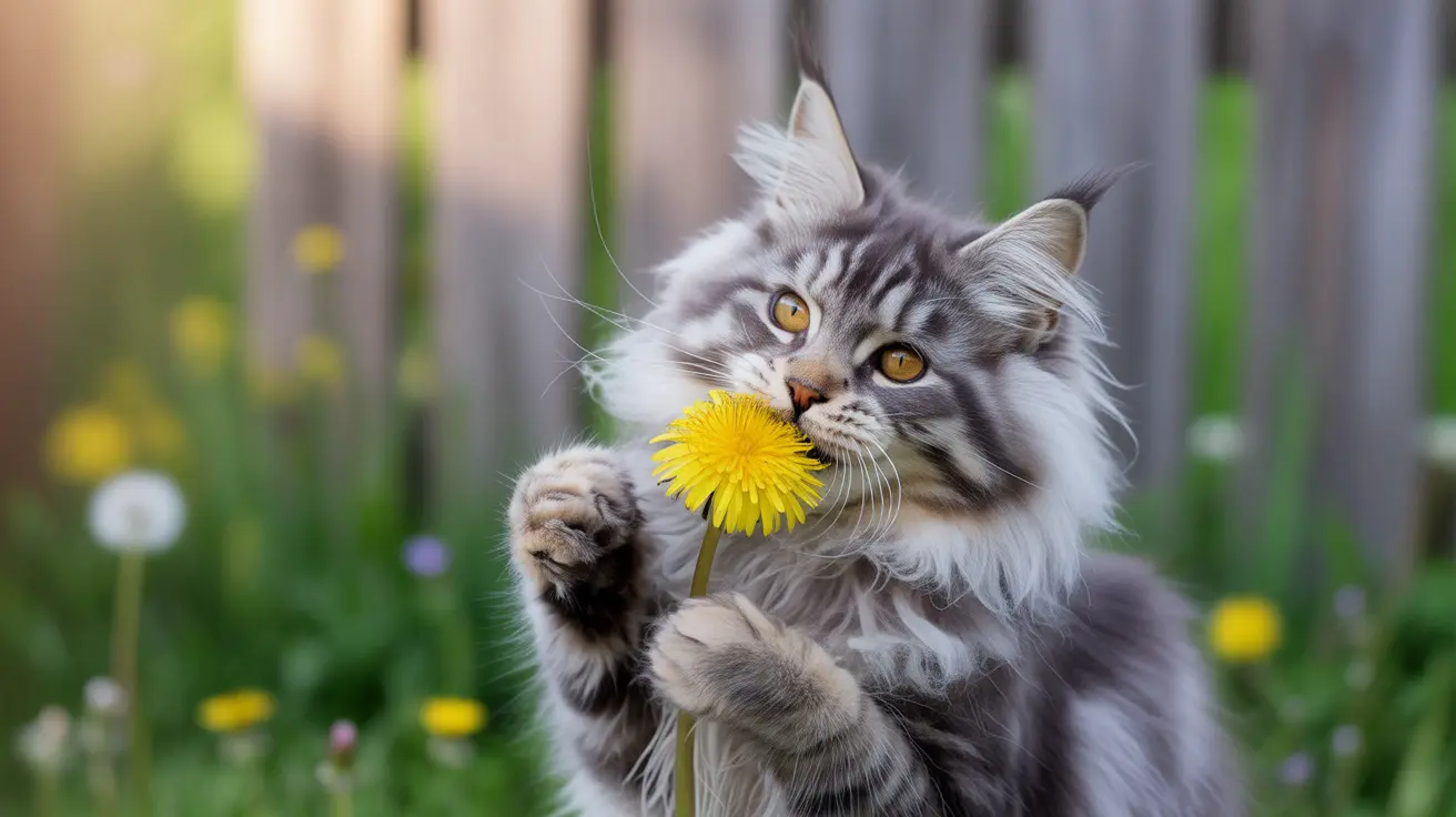 A fluffy Maine Coon cat playfully holding and sniffing a bright yellow dandelion flower