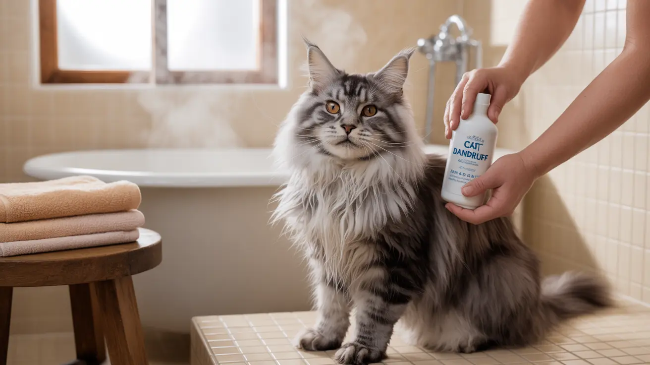 Fluffy Maine Coon cat sitting on bathroom tiles with a human hand holding a cat dandruff shampoo nearby