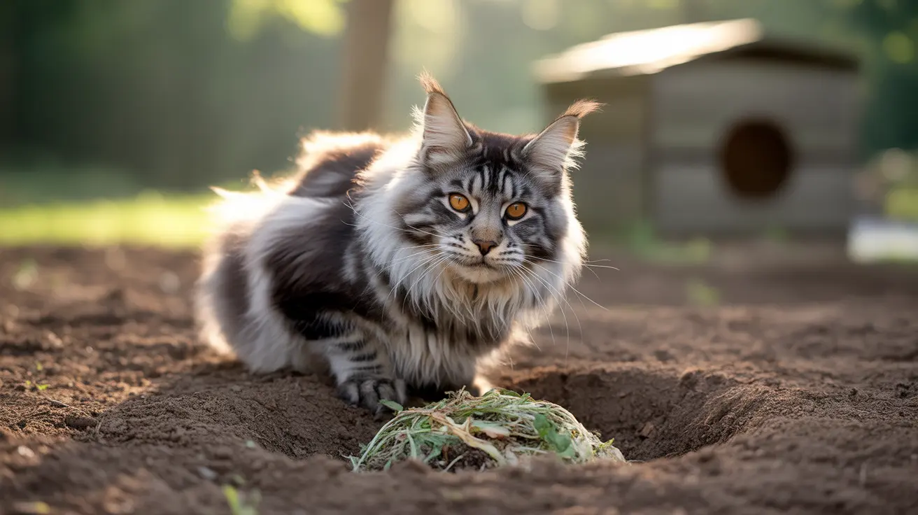 A majestic Maine Coon cat sitting on dark soil with grass and greenery in front