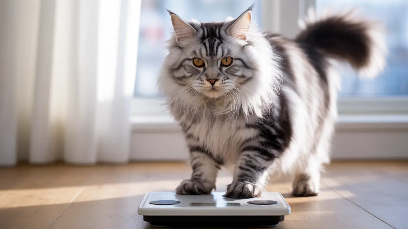 Fluffy silver tabby Maine Coon cat standing on a digital scale indoors