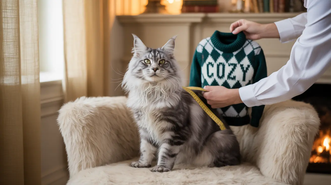 A majestic Maine Coon cat sitting on a fluffy white armchair with a Cozy sweater being measured nearby