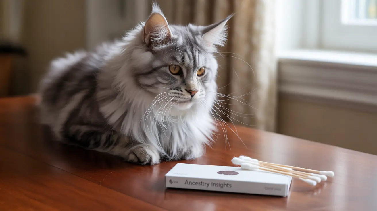 木製のテーブルの上に座り、アンセストリーインサイトDNAテストキットの隣にいる威厳のあるメインクーン猫