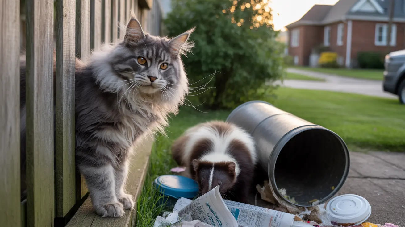 Maine Coon cat and small dog near a tipped over garbage can with scattered trash on the ground
