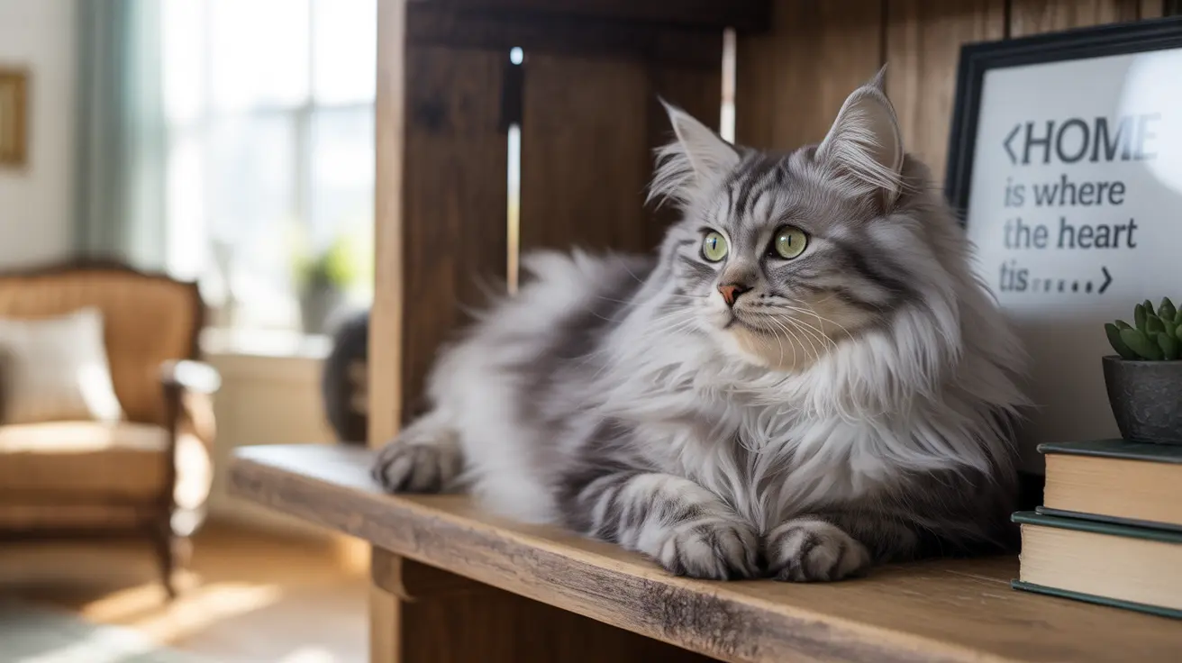 A fluffy gray and white Maine Coon cat sitting regally on a wooden shelf near a window