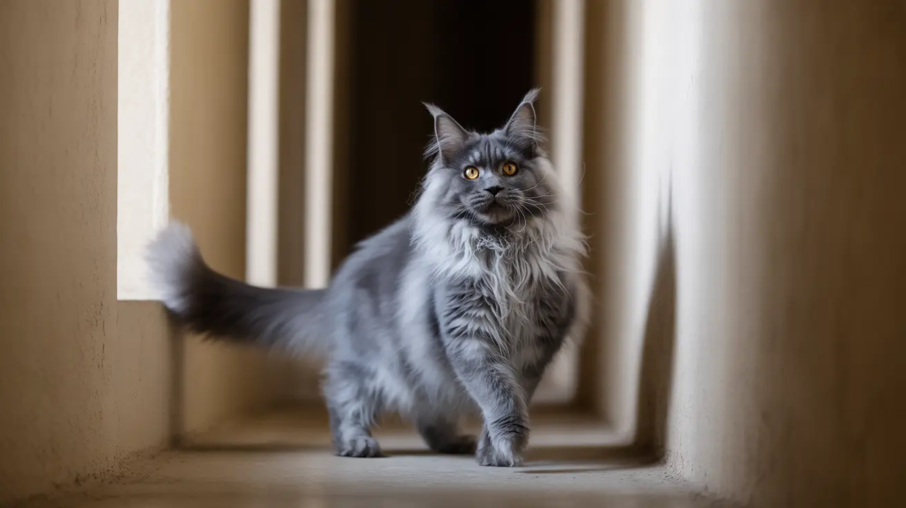 Maine Coon cat with ear tufts and fluffy coat standing in a doorway with natural light