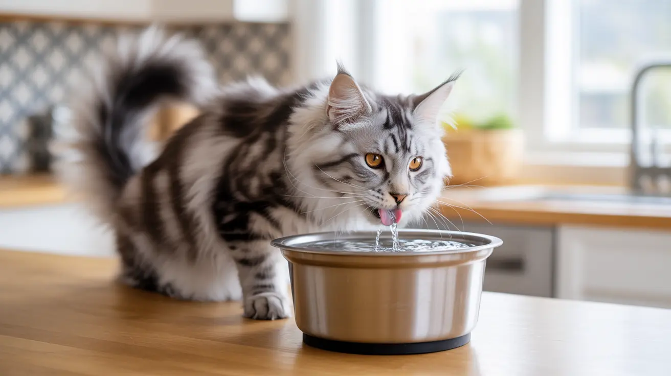 Un gato Maine Coon plateado y blanco bebiendo agua de un cuenco de acero inoxidable