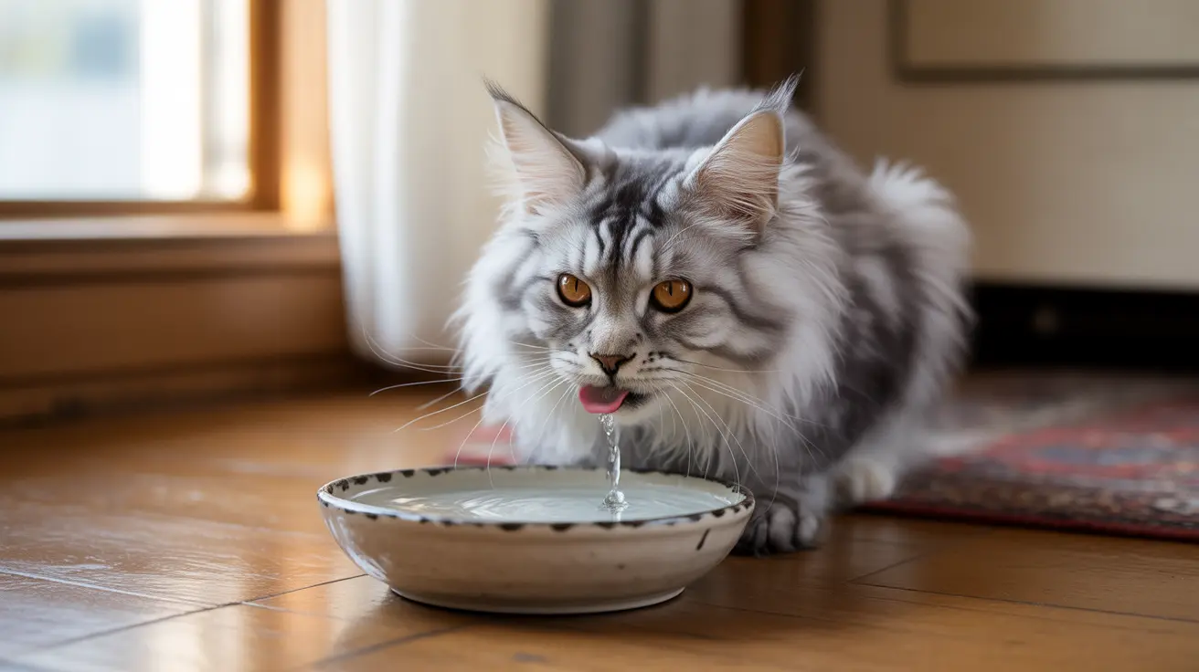 A fluffy gray and white Maine Coon cat drinking water from a decorative ceramic bowl.