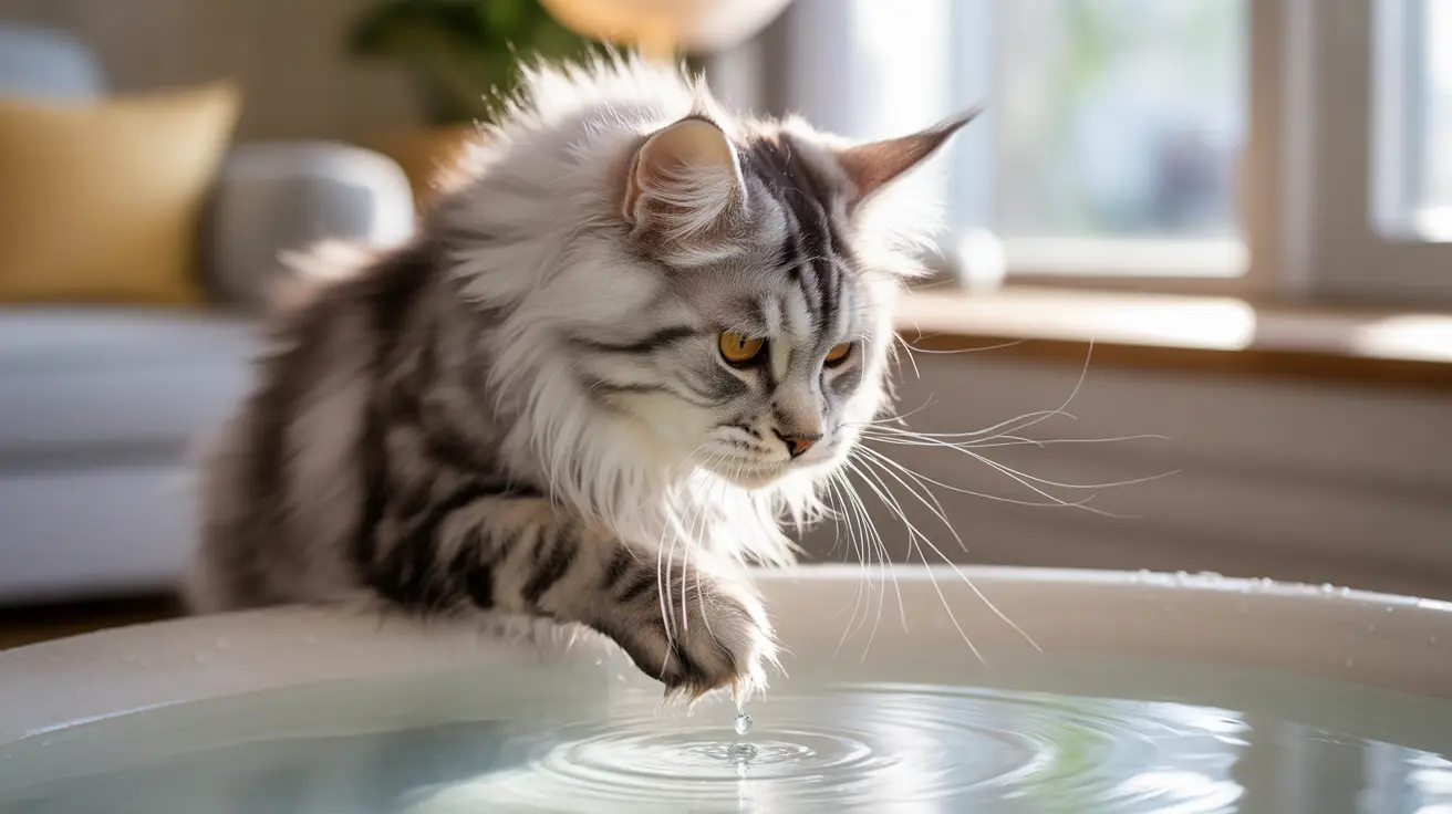 Maine Coon cat with fluffy fur drinking water from a bowl indoors