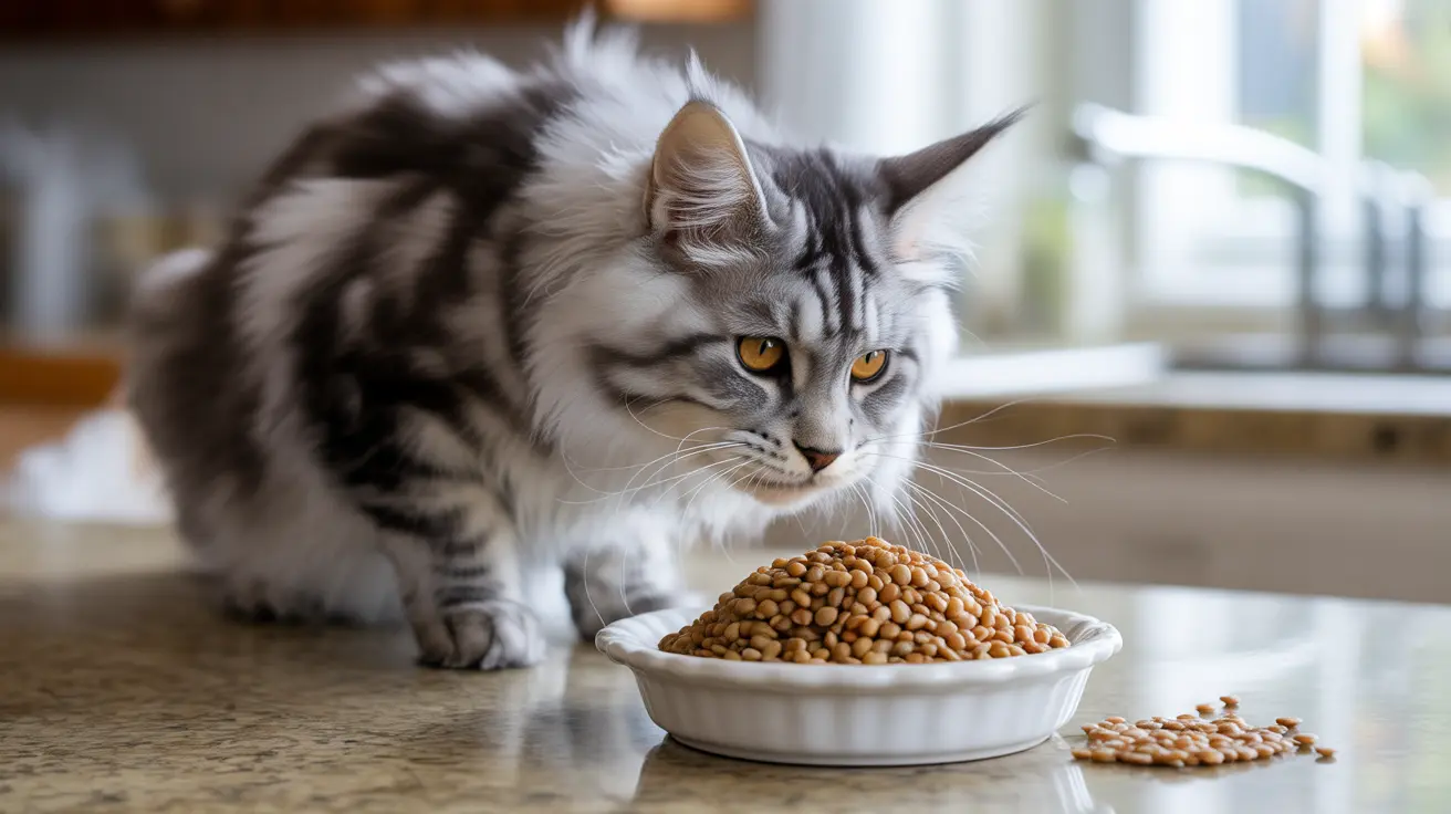 Un gato Maine Coon atigrado plateado sentado al lado de un cuenco lleno de comida seca para gatos
