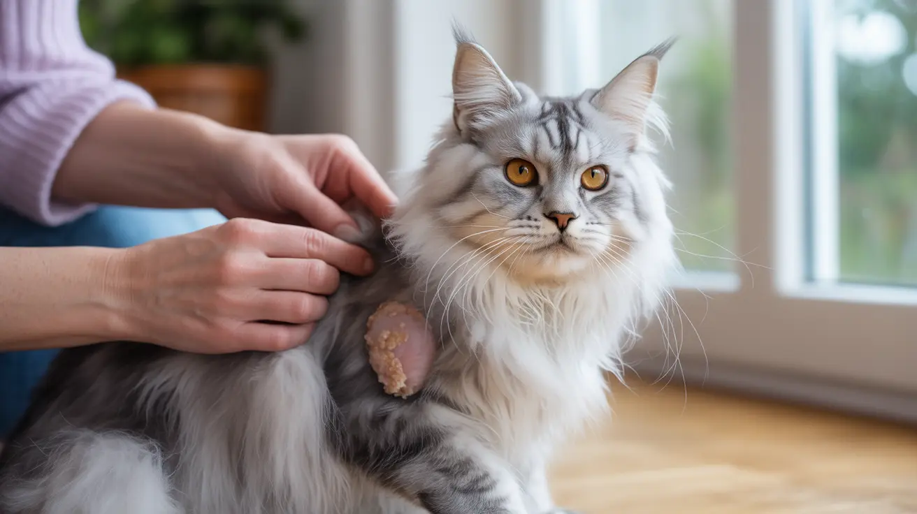 A fluffy silver and white Maine Coon cat being examined with a visible medical condition on its body