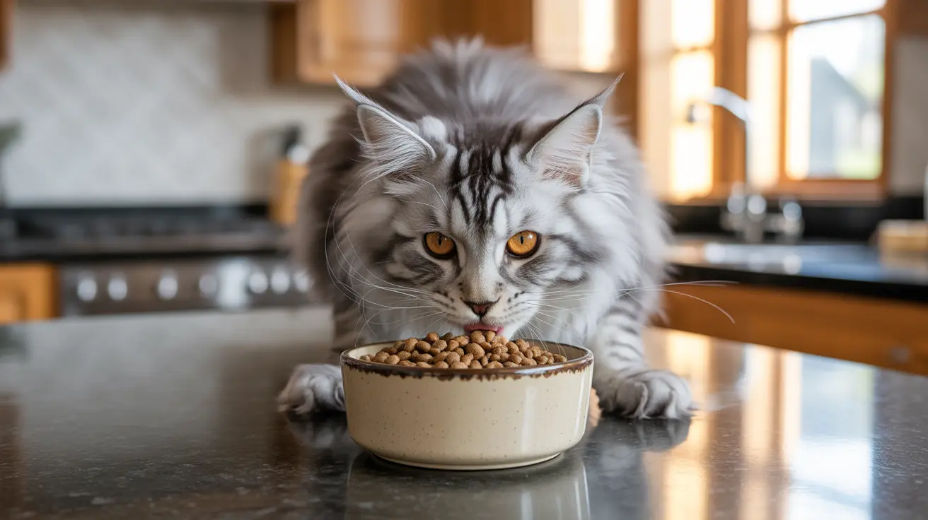 A large, fluffy Maine Coon cat eating from a ceramic bowl of dry cat food on a kitchen counter.