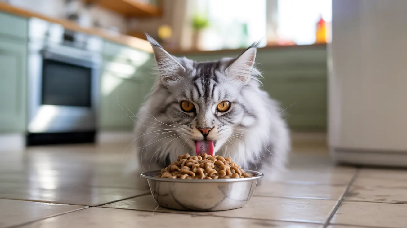 A fluffy white and gray Maine Coon cat preparing to eat dry cat food from a metal bowl in a kitchen