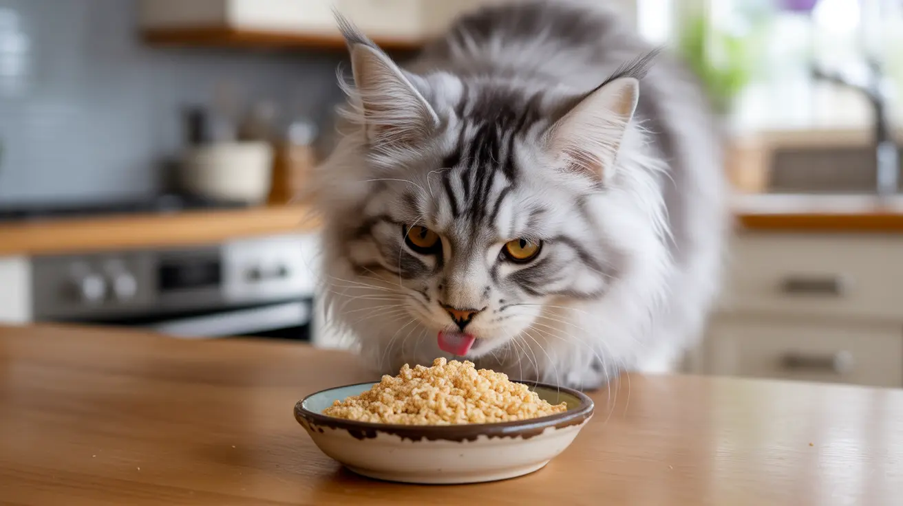A fluffy Maine Coon cat licking its lips near a bowl of dry food in a kitchen