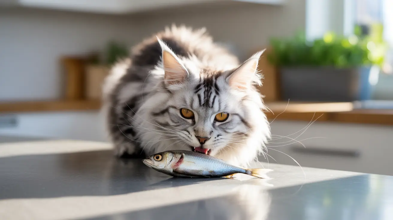 Un chat Maine Coon se préparant à manger un poisson entier sur le comptoir de la cuisine